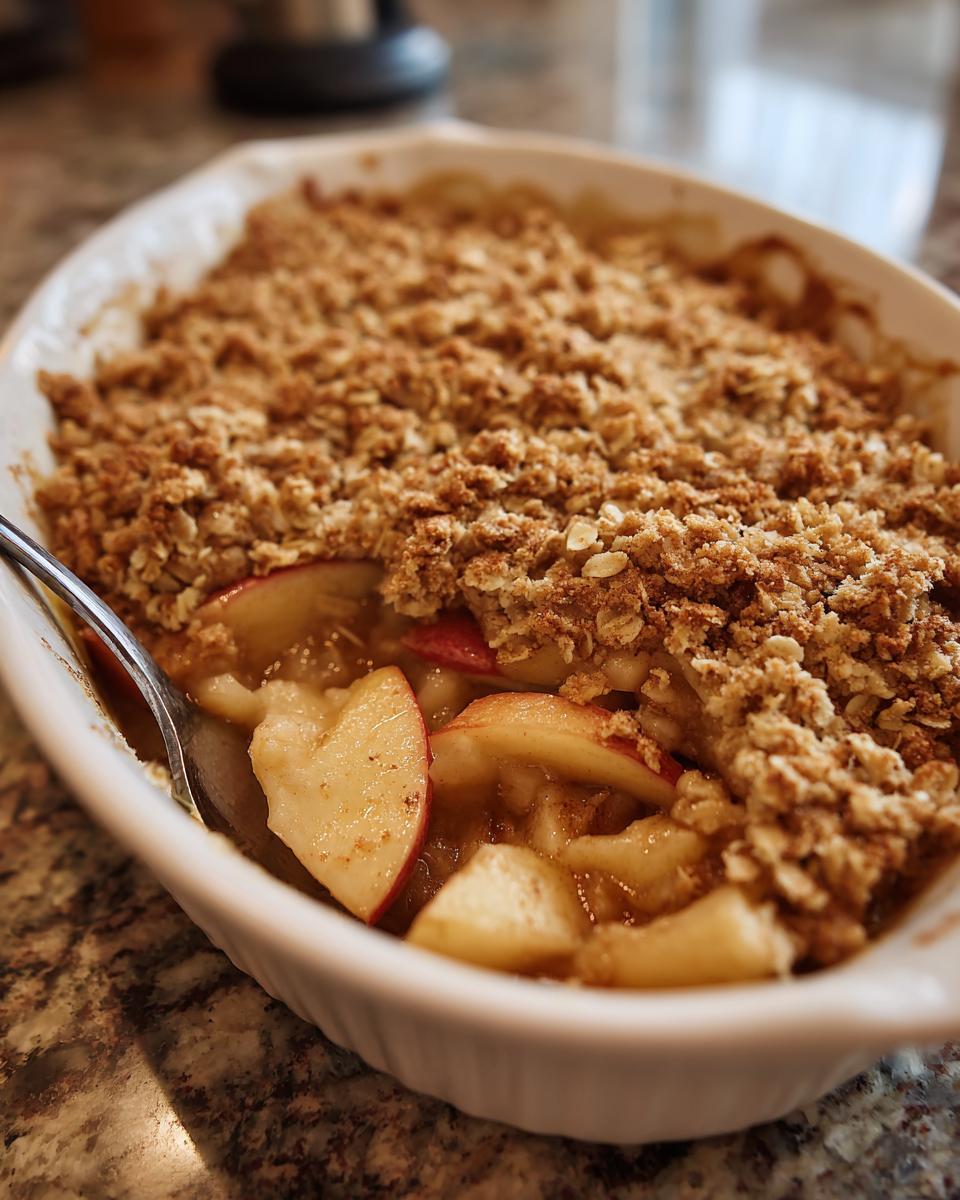 Close-up of Grandma's Apple Crisp in a white baking dish, showing tender baked apples and a golden brown oat topping.