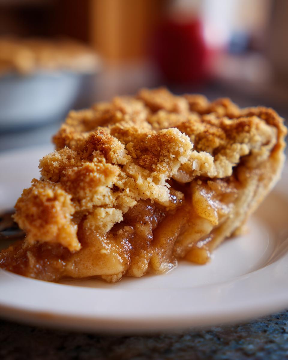 Close-up of a slice of Grandma's Apple Crisp, showing tender baked apples and a crumbly topping.