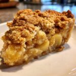 Close-up of a moist slice of Grandma's Apple Crisp, showcasing tender baked apples and a golden, crumbly topping.