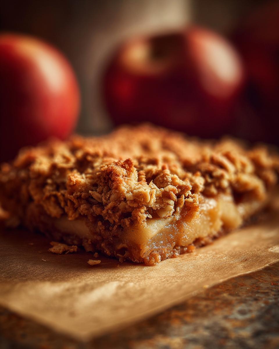 Close-up of a slice of Grandma's Apple Crisp with a golden brown crumb topping and tender apple filling.