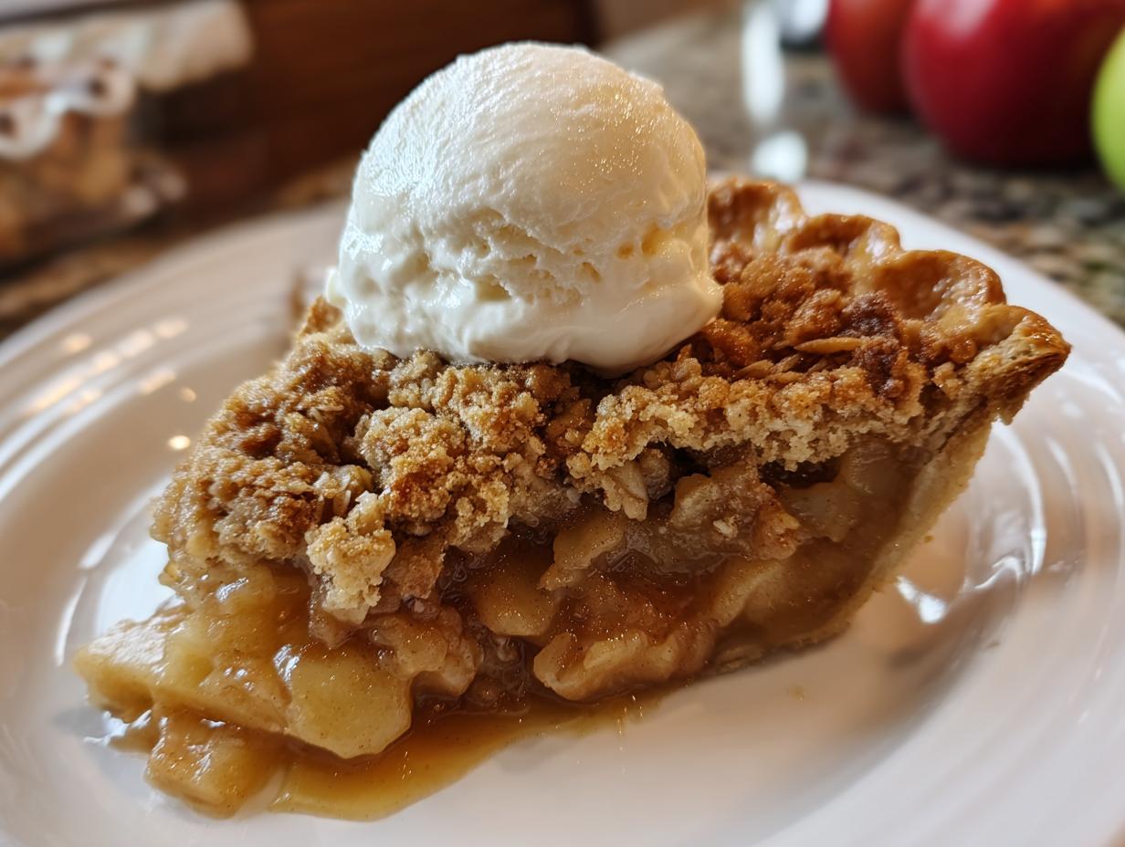 A close-up of a slice of Grandma's Apple Crisp, topped with a scoop of vanilla ice cream.