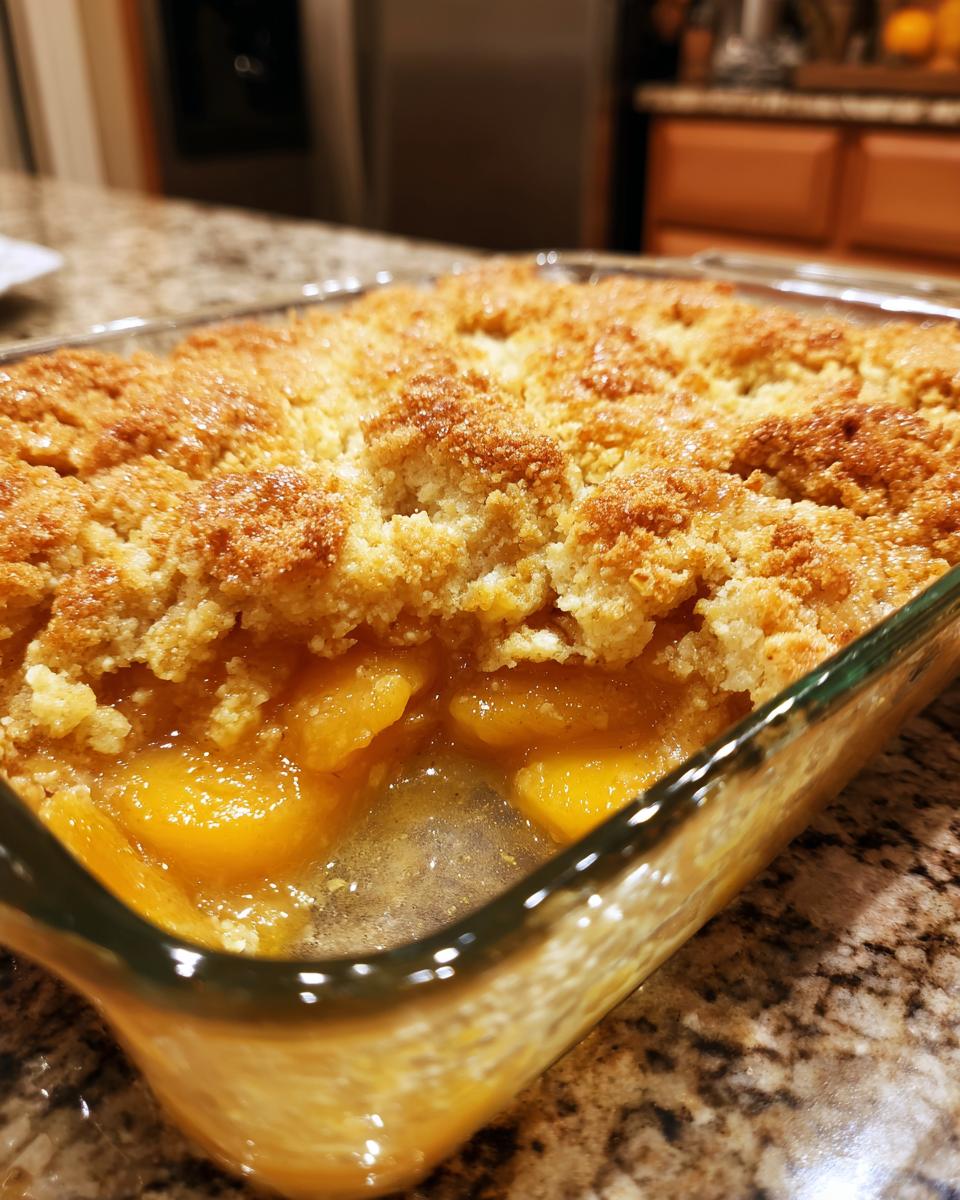 Close-up of Grandma's Peach Cobbler in a glass baking dish, showing juicy peaches and a golden-brown crumb topping.