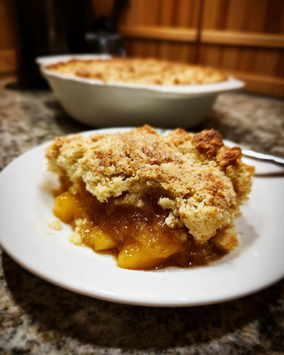 A delicious slice of Grandma's Peach Cobbler on a white plate, with a golden brown crumb topping and juicy peaches.