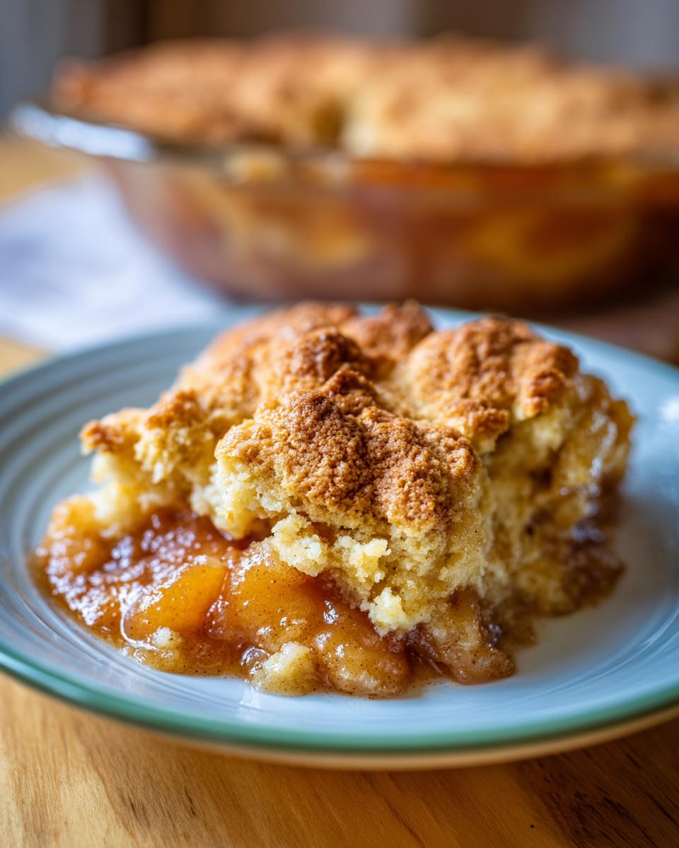 A close-up of a warm slice of Grandma's Peach Cobbler, featuring a golden-brown biscuit topping and juicy, spiced peaches.