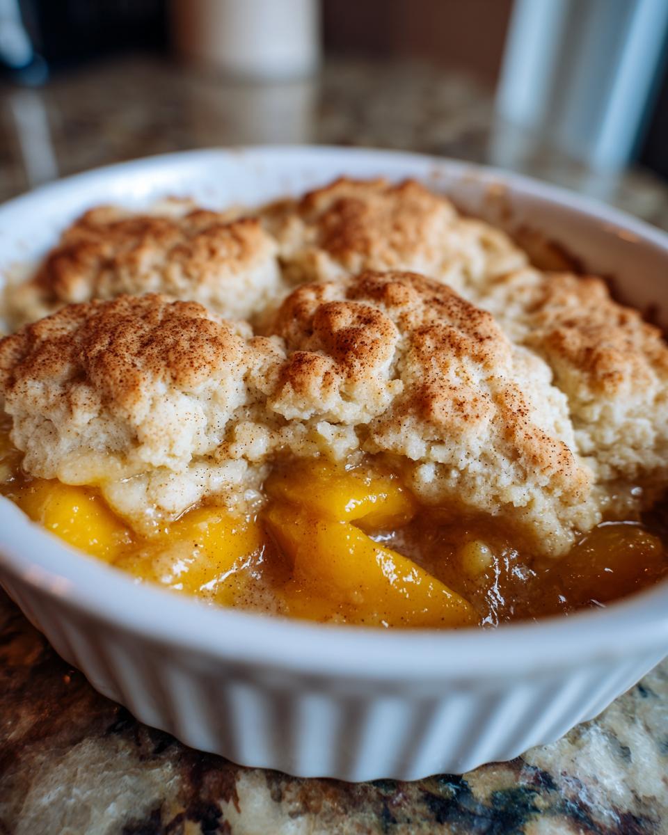 Close-up of Grandma's Peach Cobbler with a golden-brown biscuit topping dusted with cinnamon.
