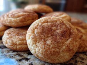 Close-up of a stack of Grandma's Snickerdoodle cookies, dusted with cinnamon sugar.
