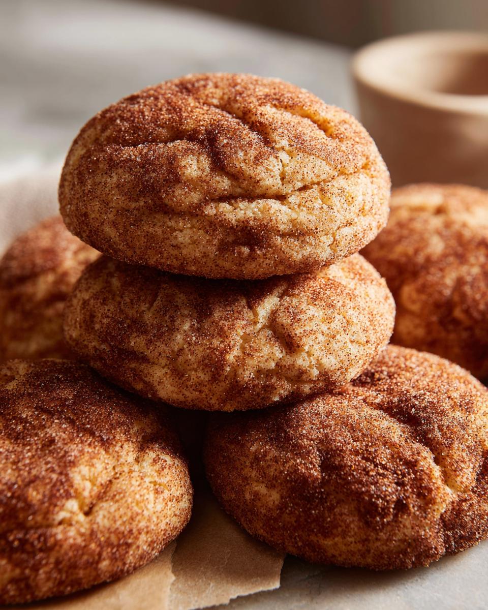 A close-up stack of delicious Grandma's Snickerdoodle Cookies, coated in cinnamon sugar.