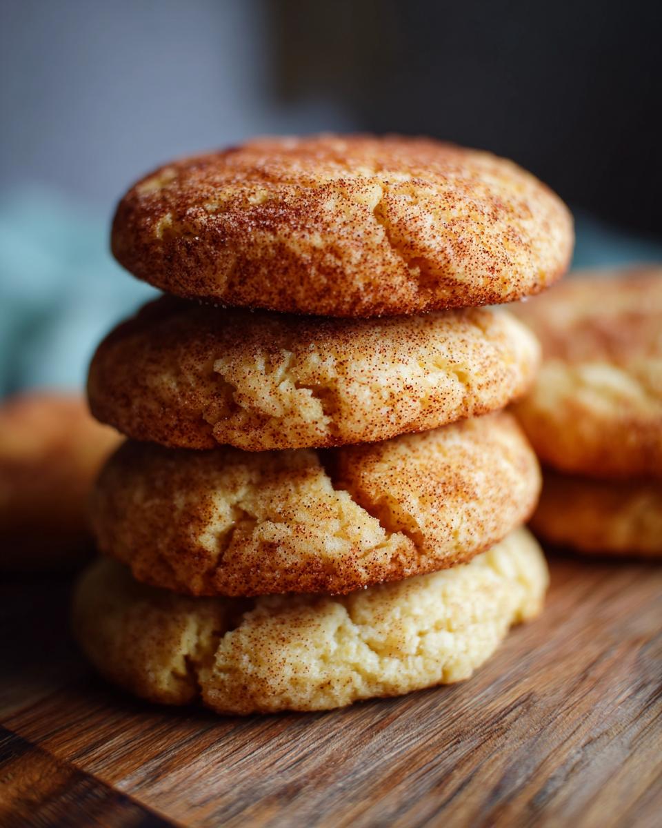 A close-up stack of four delicious snickerdoodle cookies, coated in cinnamon sugar.