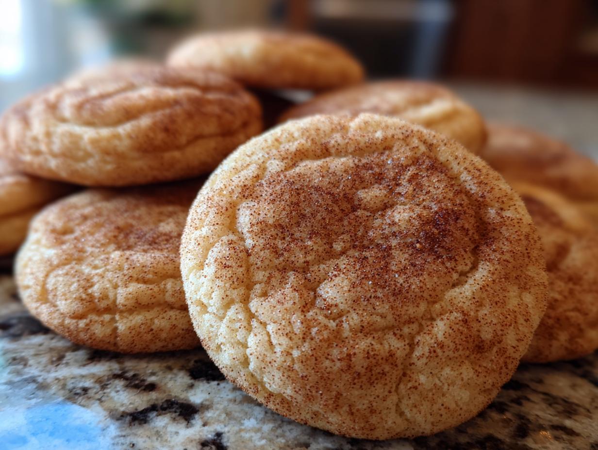 Close-up of a stack of Grandma's Snickerdoodle cookies, dusted with cinnamon sugar.