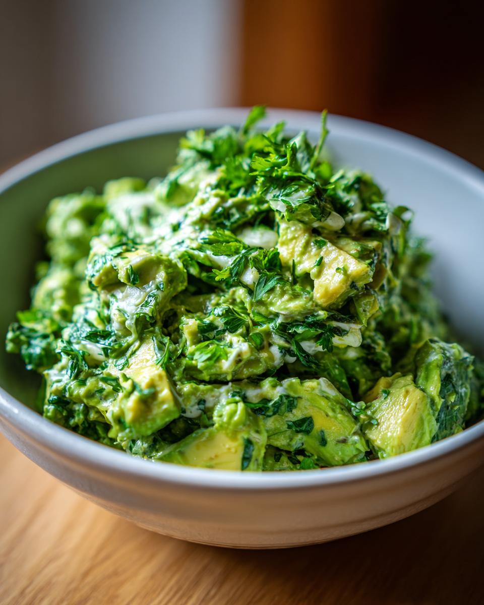 A close-up of a bowl filled with a creamy Green Goddess Salad, featuring chunks of avocado and fresh green herbs.