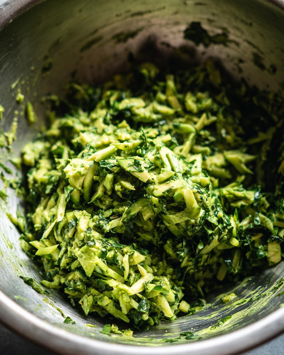 Close-up of shredded zucchini and herbs being mixed in a bowl for Green Goddess Salad.