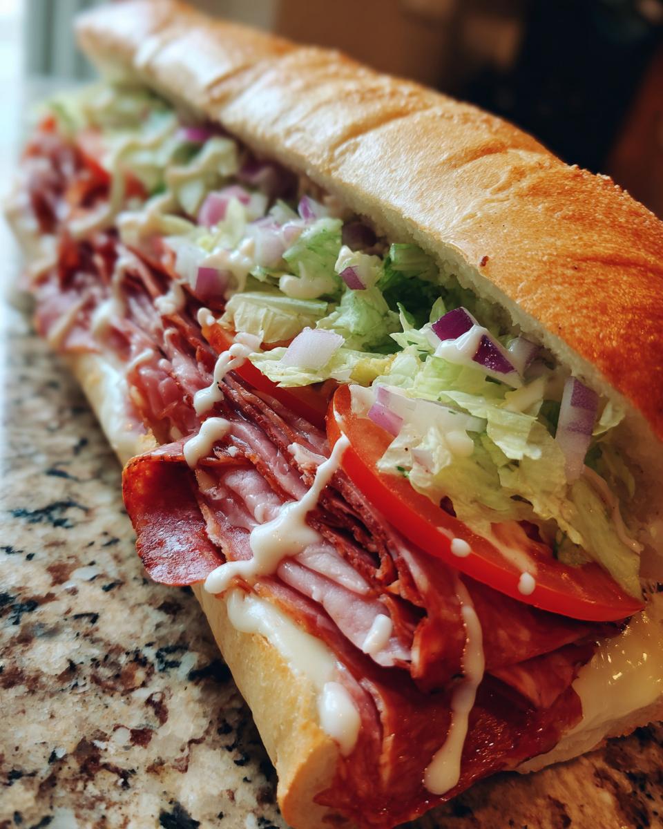 A close-up of a grinder salad sandwich filled with salami, ham, cheese, lettuce, tomatoes, and onions, drizzled with dressing.