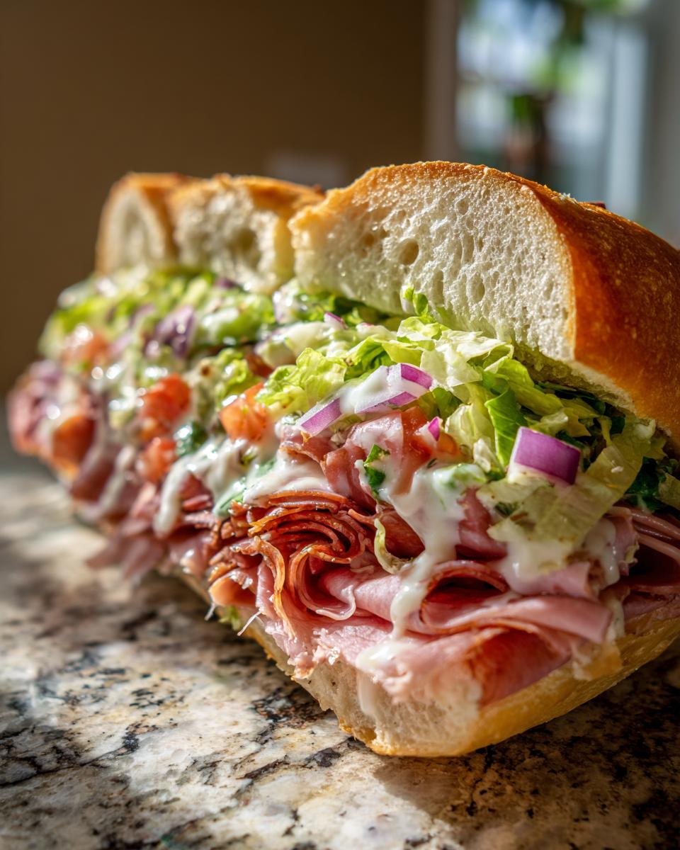 A close-up of a delicious grinder salad sandwich, overflowing with meats, lettuce, tomatoes, onions, and creamy dressing.