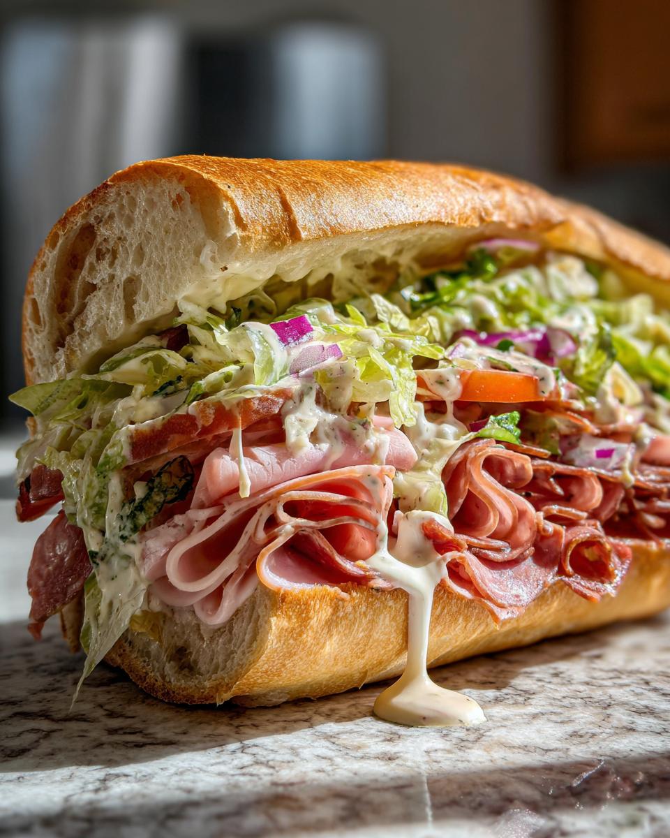 A delicious grinder salad sandwich overflowing with ham, salami, lettuce, tomato, onion, and creamy dressing.