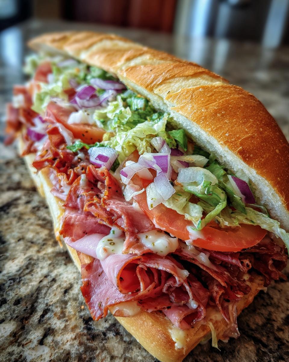 A close-up of a fully loaded Grinder Salad Sandwich with various meats, lettuce, tomatoes, and onions.
