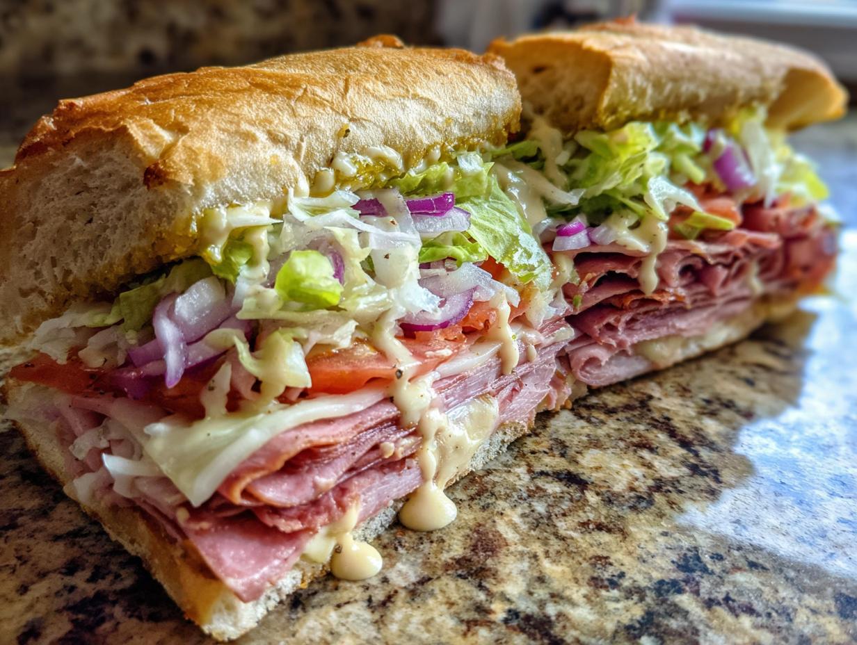 A delicious grinder salad sandwich overflowing with meats, cheese, lettuce, tomato, onion, and dressing.