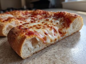 Close-up of a delicious slice of homemade cheese pizza, showcasing a bubbly golden crust and melted mozzarella.