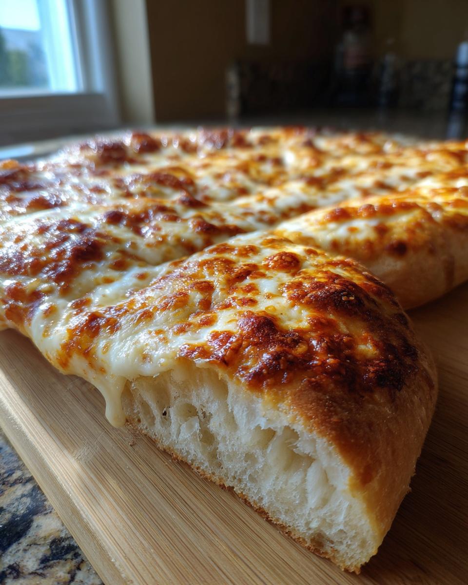 Close-up of a slice of homemade cheese pizza with bubbly, golden-brown melted mozzarella cheese.