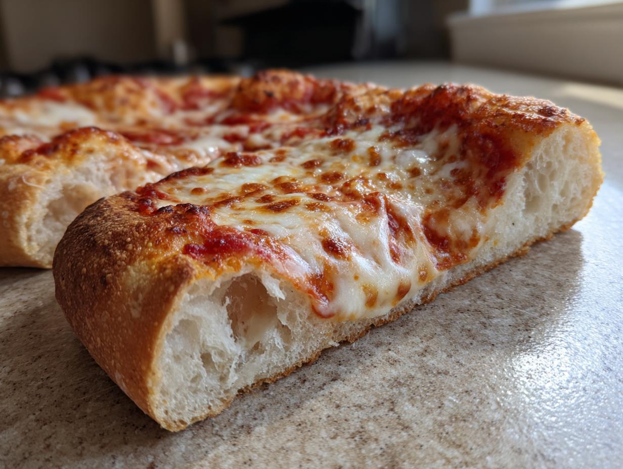 Close-up of a delicious slice of homemade cheese pizza, showcasing a bubbly golden crust and melted mozzarella.