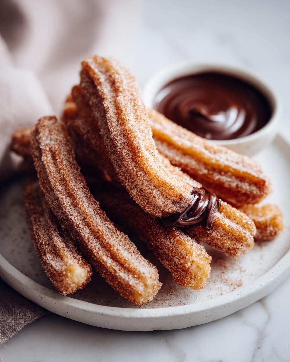 A pile of freshly made homemade churros coated in cinnamon sugar, with a bowl of chocolate sauce.