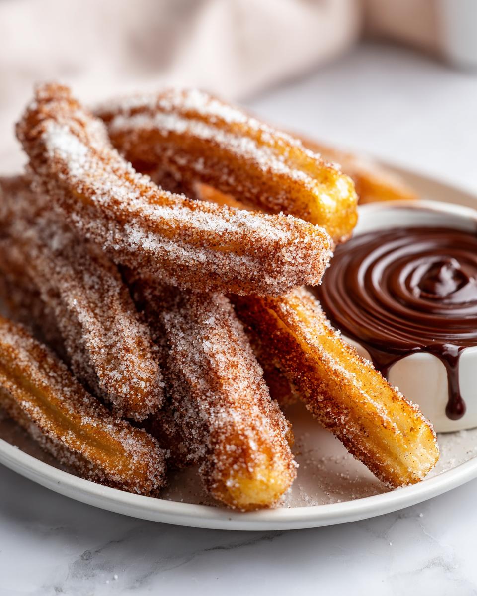 A plate of freshly made homemade churros coated in cinnamon sugar, served with a bowl of rich chocolate dipping sauce.