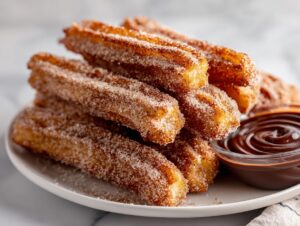 A stack of golden brown homemade churros coated in cinnamon sugar, served with a bowl of chocolate dipping sauce.