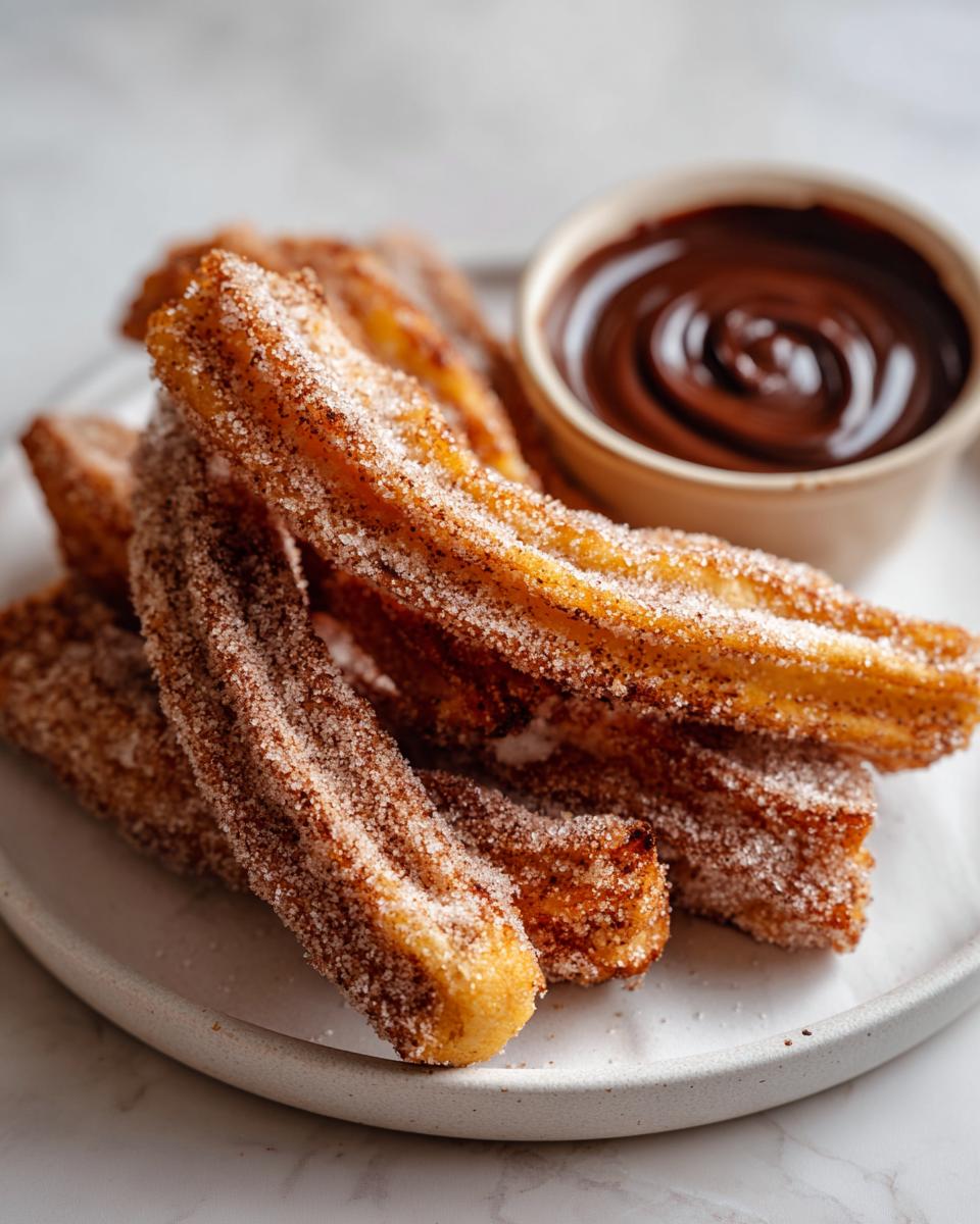 A close-up of golden brown homemade churros coated in cinnamon sugar, served with a small bowl of chocolate dipping sauce.
