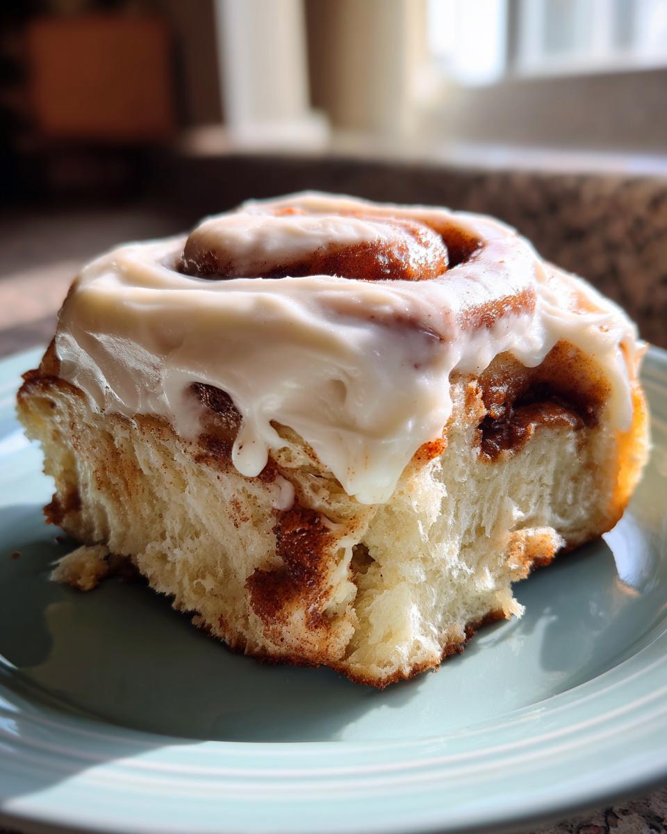 Close-up of a fluffy homemade cinnamon roll generously topped with creamy frosting on a light blue plate.