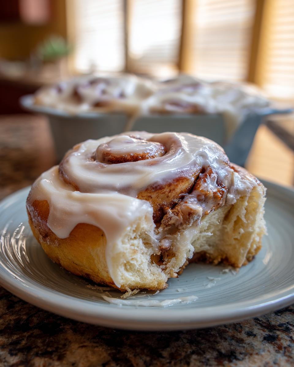 A close-up of a delicious homemade cinnamon roll with gooey frosting and a bite taken out.