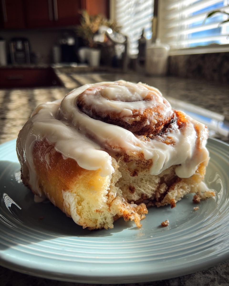 A close-up of a delicious homemade cinnamon roll, generously topped with cream cheese frosting.