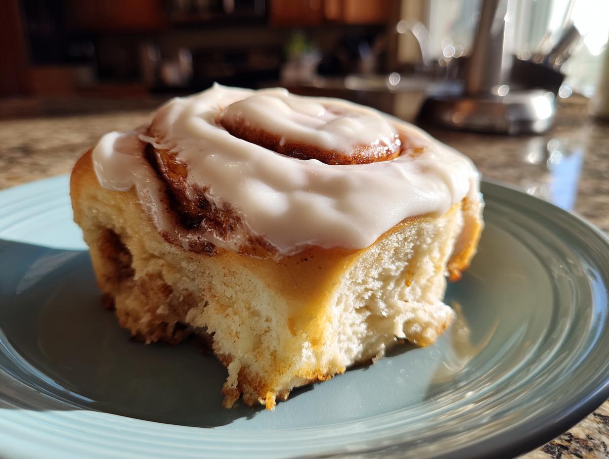A close-up of a fluffy homemade cinnamon roll topped with creamy white frosting, on a blue plate.