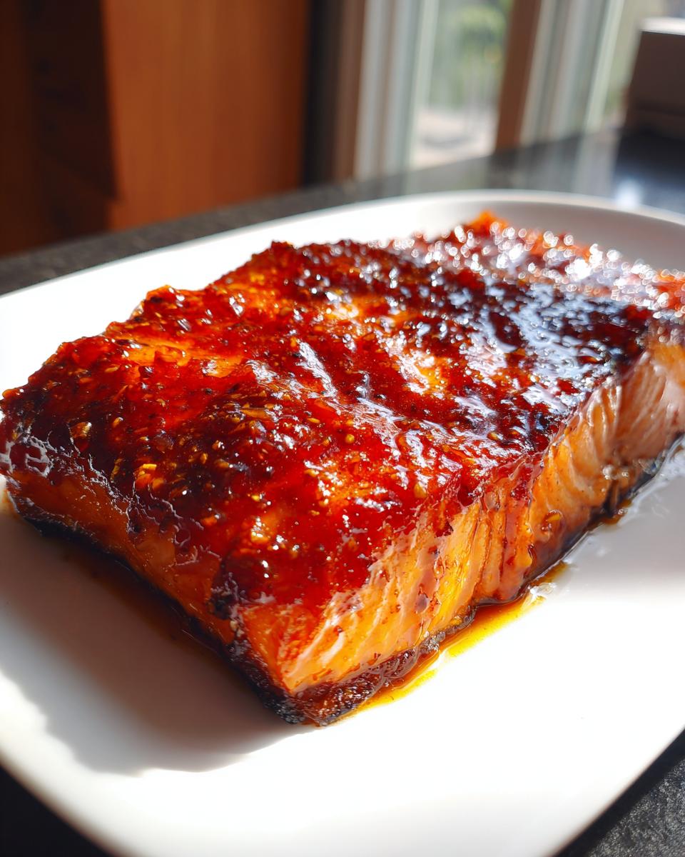 A close-up of a perfectly cooked honey garlic salmon fillet glazed with a rich, glossy sauce.