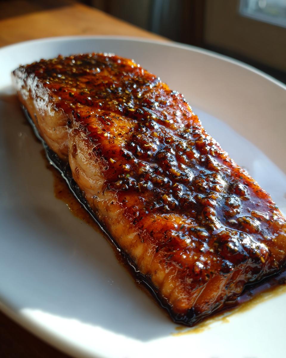 A close-up of a perfectly cooked honey garlic salmon fillet glistening with sauce on a white plate.