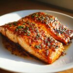 Two perfectly cooked honey garlic salmon fillets glazed and sprinkled with fresh herbs on a white plate.