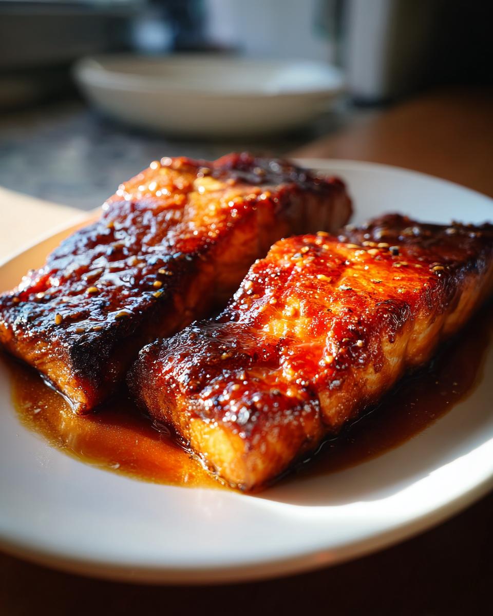 Two glistening fillets of honey garlic salmon served on a white plate with a rich glaze.