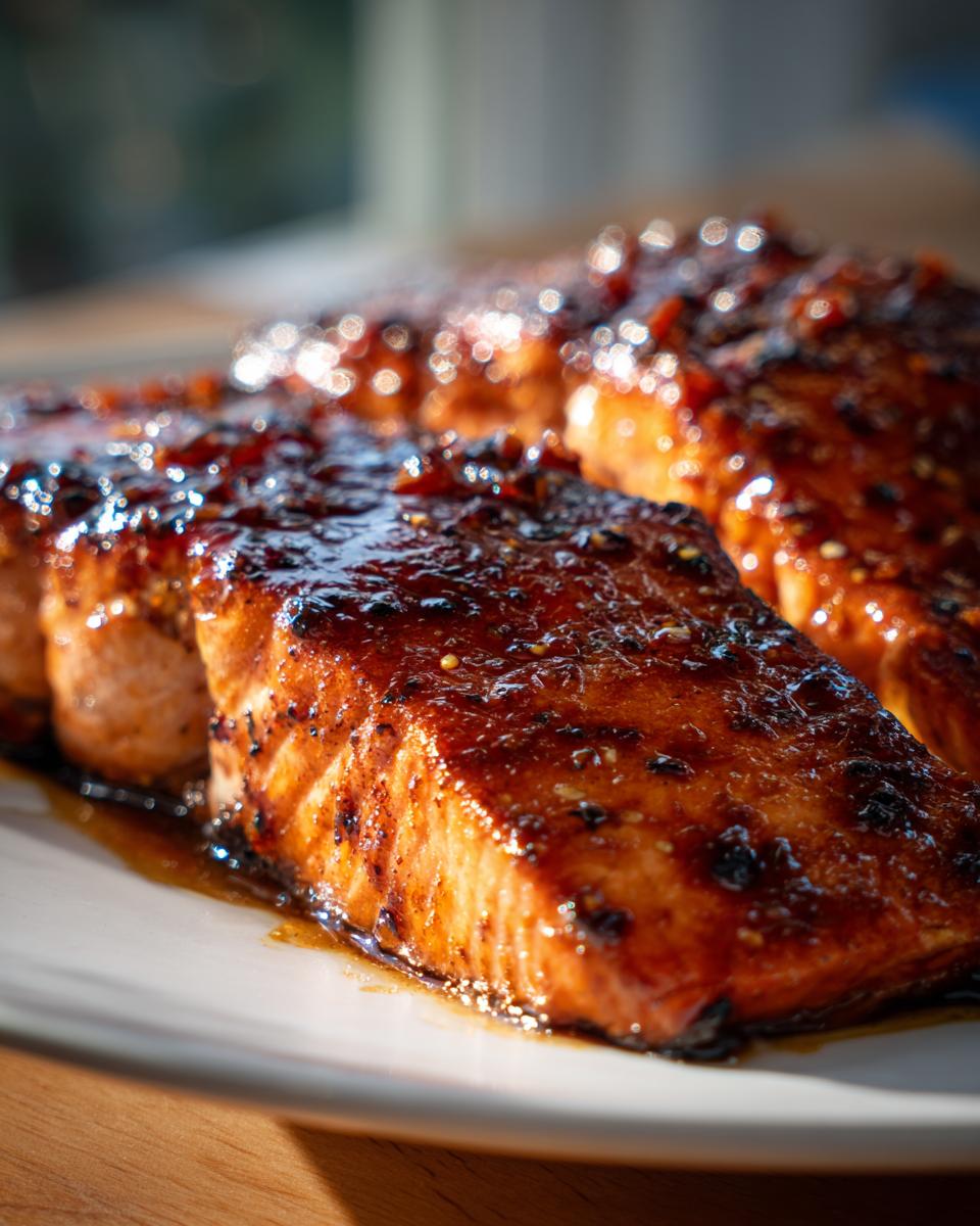 Close-up of flaky, glazed honey garlic salmon fillets on a white plate, glistening.