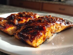 Close-up of two glistening honey garlic salmon fillets on a white plate, ready to eat.