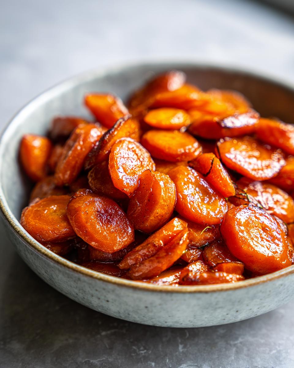 Close-up shot of glistening honey glazed carrots served in a rustic grey bowl.