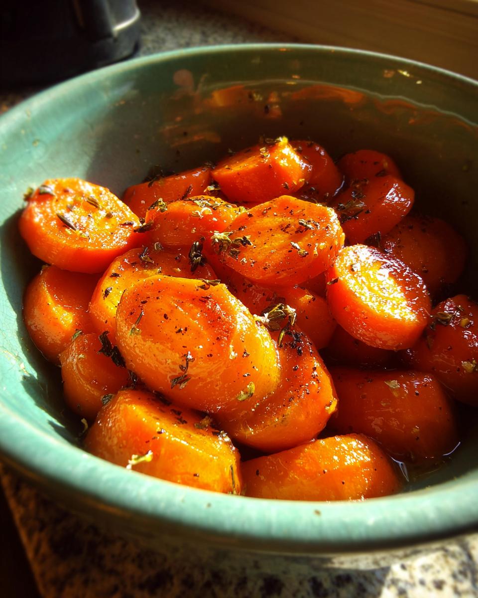Close-up of bright orange honey glazed carrots sprinkled with herbs in a teal bowl.