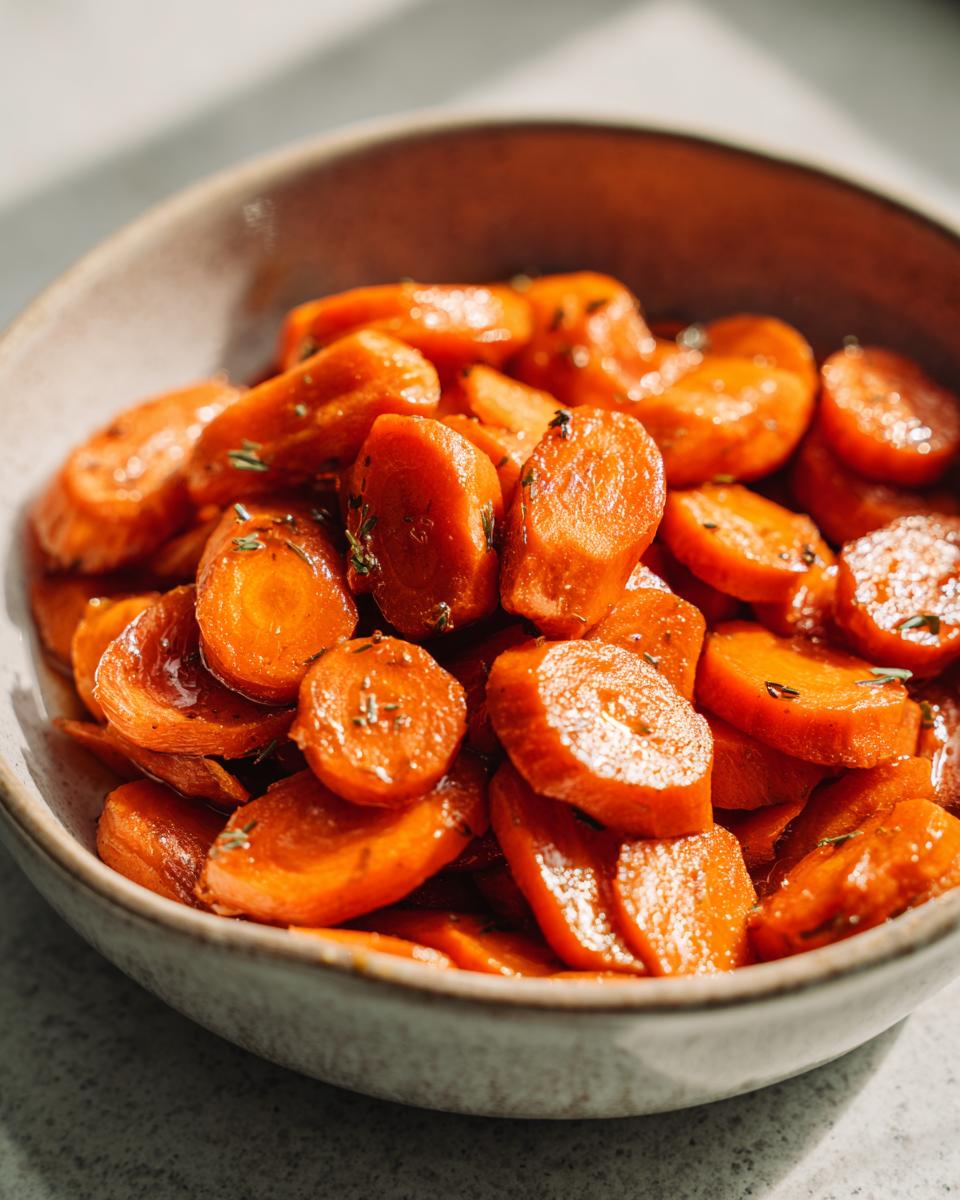 A close-up shot of delicious honey glazed carrots, glistening and garnished with herbs, served in a rustic bowl.