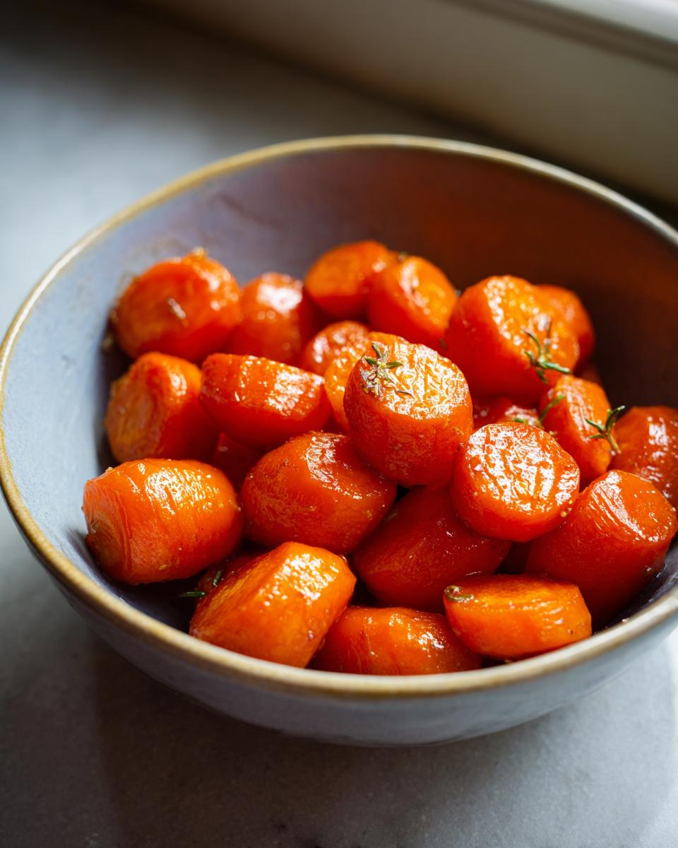 Close-up of sweet honey glazed carrots served in a rustic blue bowl, garnished with fresh thyme.