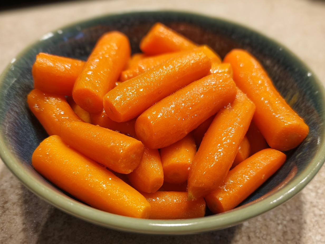Close-up of bright orange baby carrots glazed with honey in a blue-green bowl.