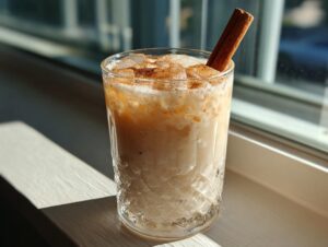 A tall glass of creamy Horchata filled with ice and topped with cinnamon.