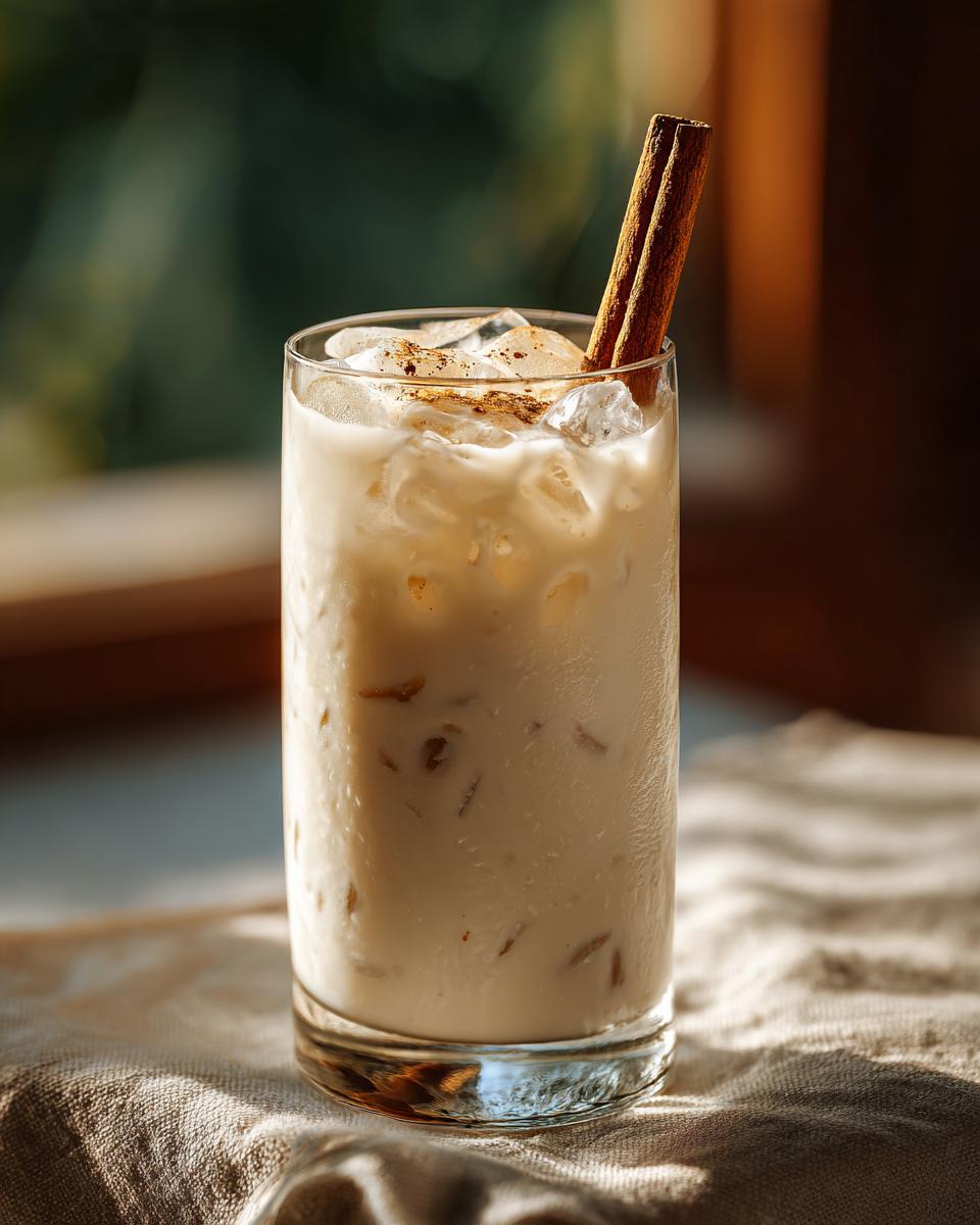A tall glass of creamy Horchata filled with ice and garnished with a cinnamon stick and a sprinkle of cinnamon.