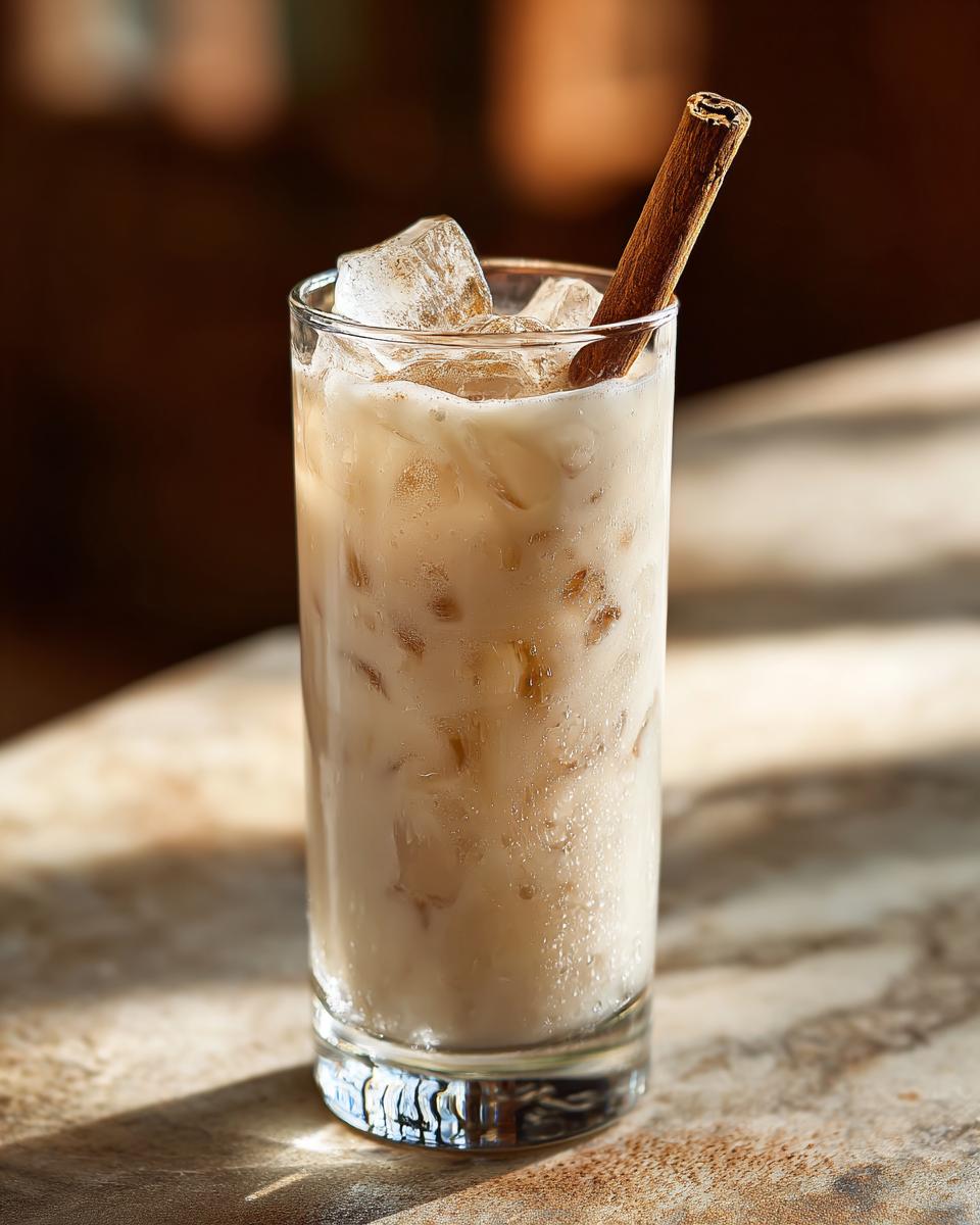 A tall glass filled with ice and creamy Horchata, garnished with a cinnamon stick.