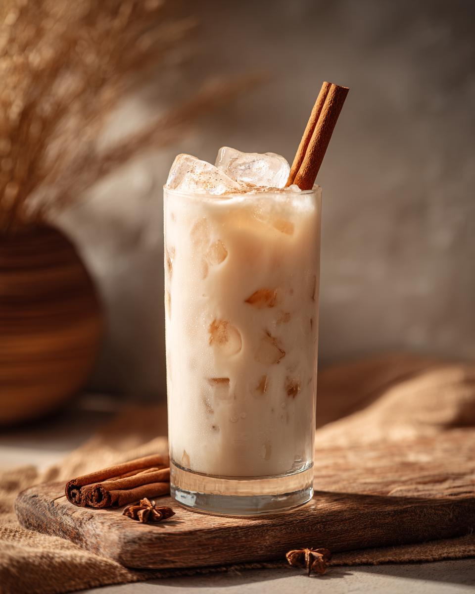 A tall glass of creamy Horchata filled with ice and topped with cinnamon sticks and a sprinkle of cinnamon.