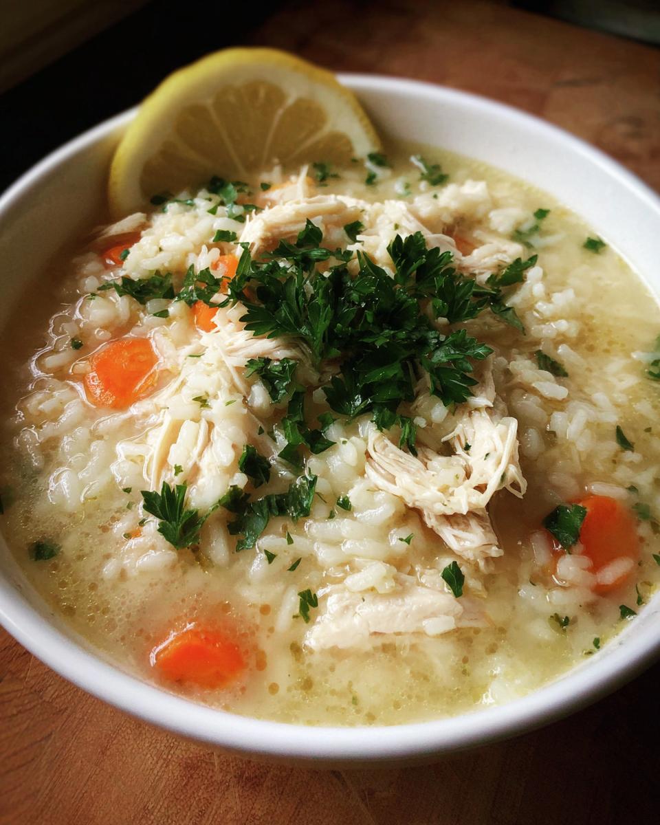 A comforting bowl of Instant Pot chicken and rice soup, garnished with fresh parsley and a lemon slice.