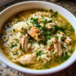A close-up of a bowl of Instant Pot chicken and rice soup, garnished with fresh parsley.