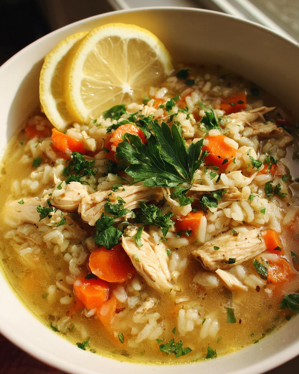 A close-up of a steaming bowl of Instant Pot chicken and rice soup, garnished with lemon slices and fresh parsley.