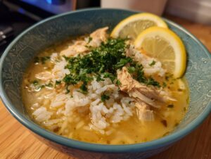 A close-up of a bowl of Instant Pot chicken and rice soup, garnished with fresh parsley and lemon slices.